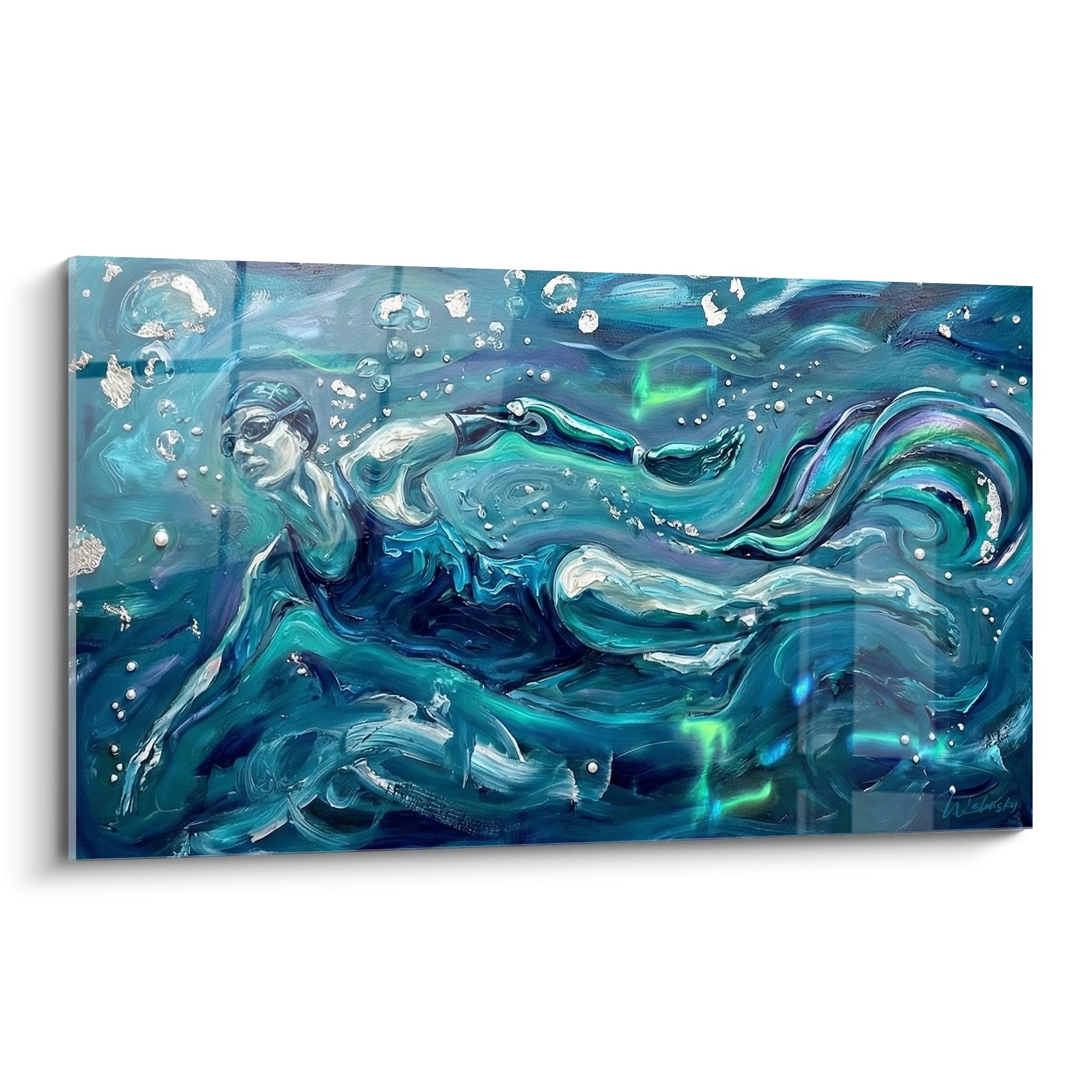 Tableau art mural nageur paralympique tons bleus turquoise mouvement aquatique sport handicap inspiration