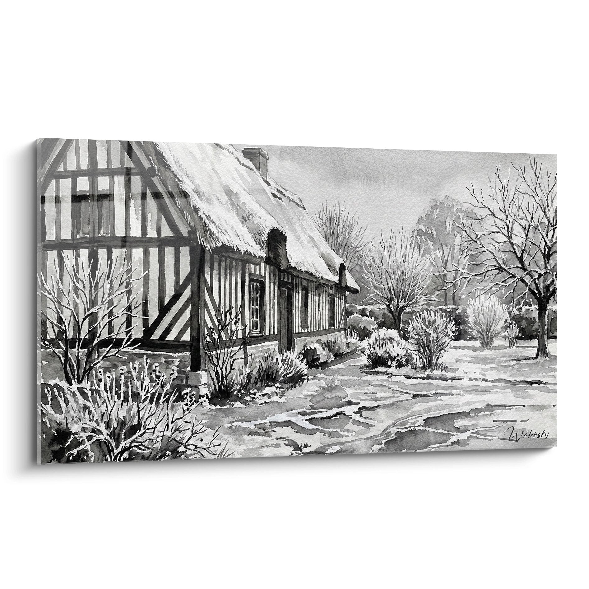 Tableau aquarelle chaumière normande à colombages sous la neige, architecture traditionnelle de Normandie en hiver