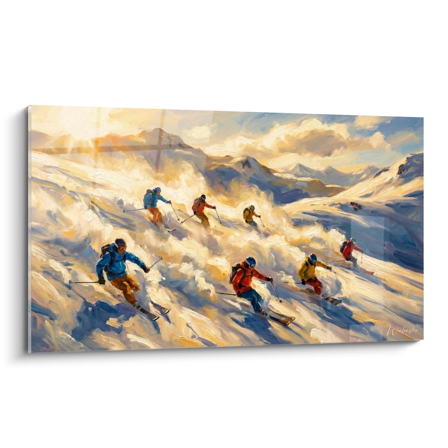Tableau peinture groupe de skieurs descendant pente enneigee avec montagnes arriere-plan lumiere doree