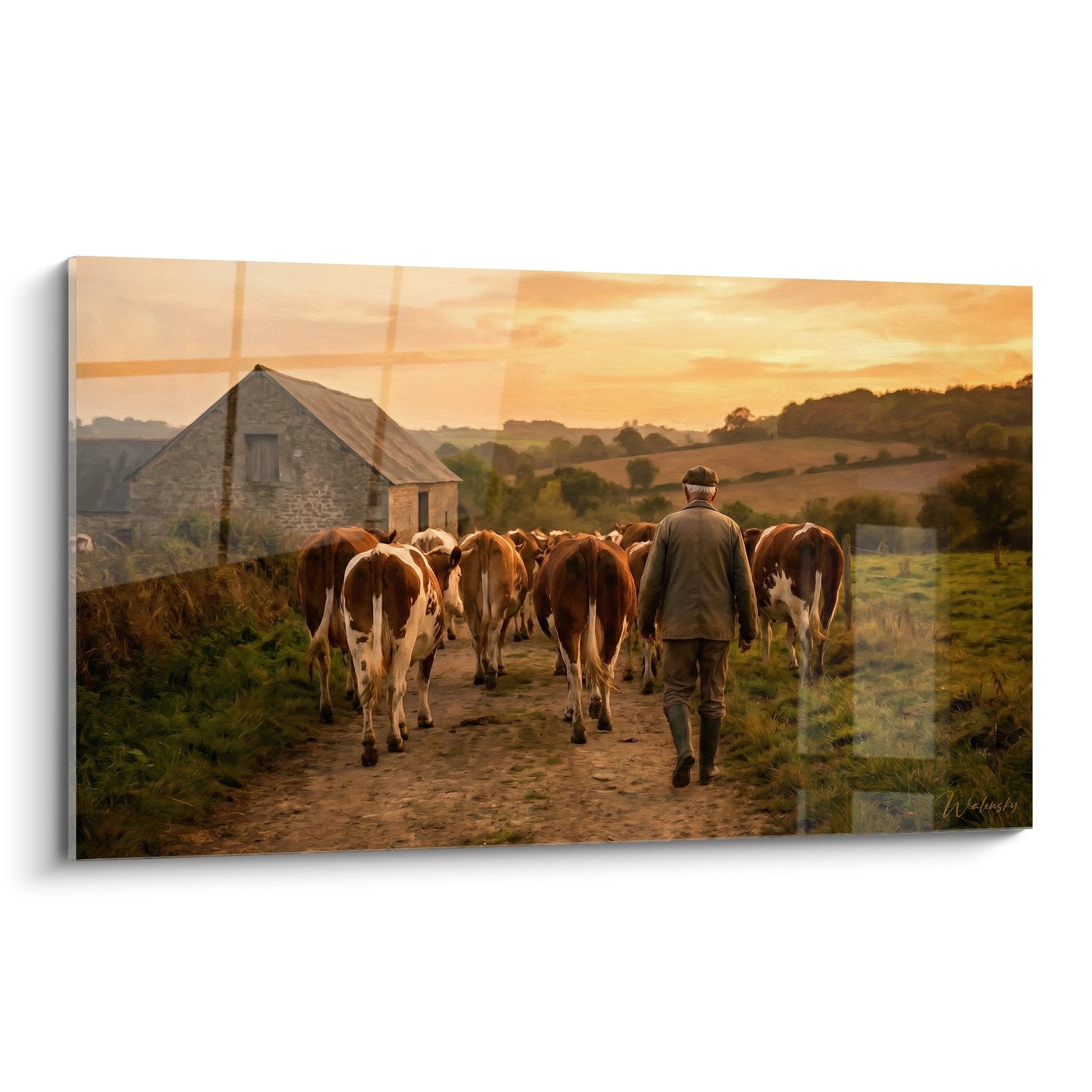 Tableau fermier normand guidant troupeau vaches coucher soleil campagne bocage Normandie art rural