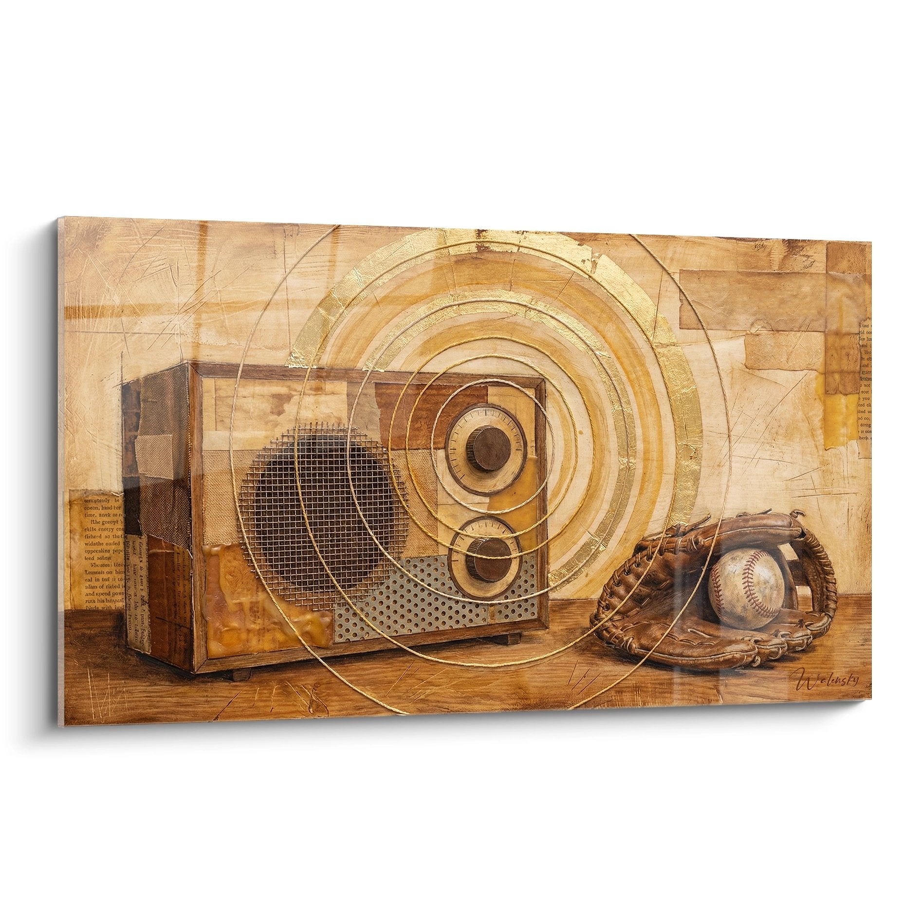 Tableau art mural radio vintage et gant baseball tons dores decoration nostalgie americaine sport retro