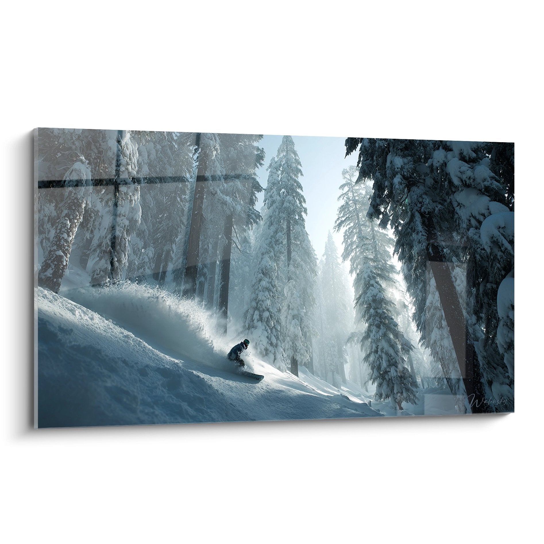 Tableau snowboard rider poudreuse foret sapins enneiges descente freeride art mural decoration sport hiver montagne