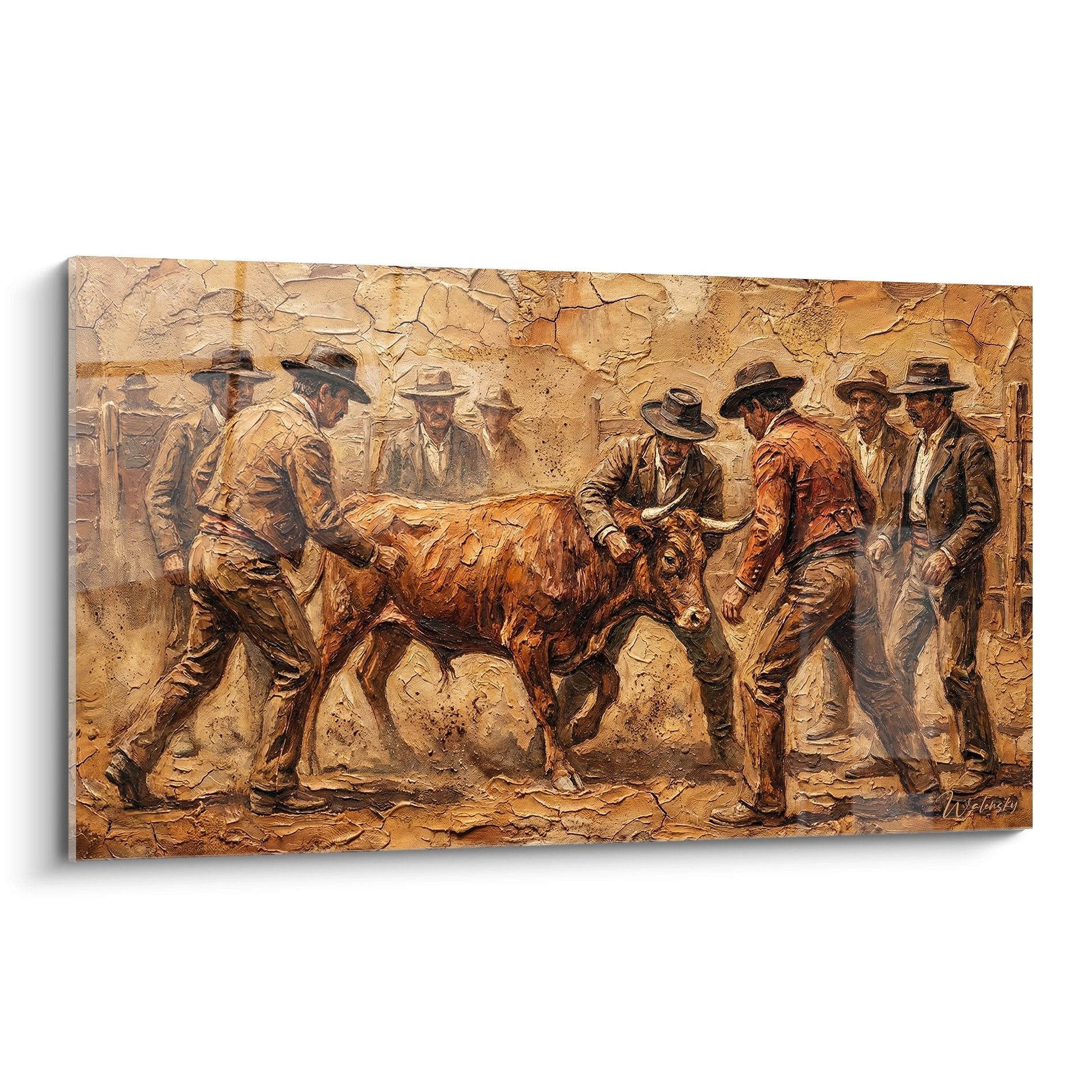 Tableau gardians de Camargue marquant un taureau, scene traditionnelle art western français