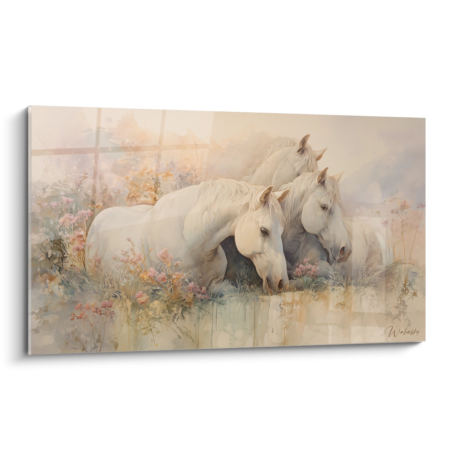 Tableau chevaux blancs Camargue repos prairie fleurie tons pastel art equestre decoration murale