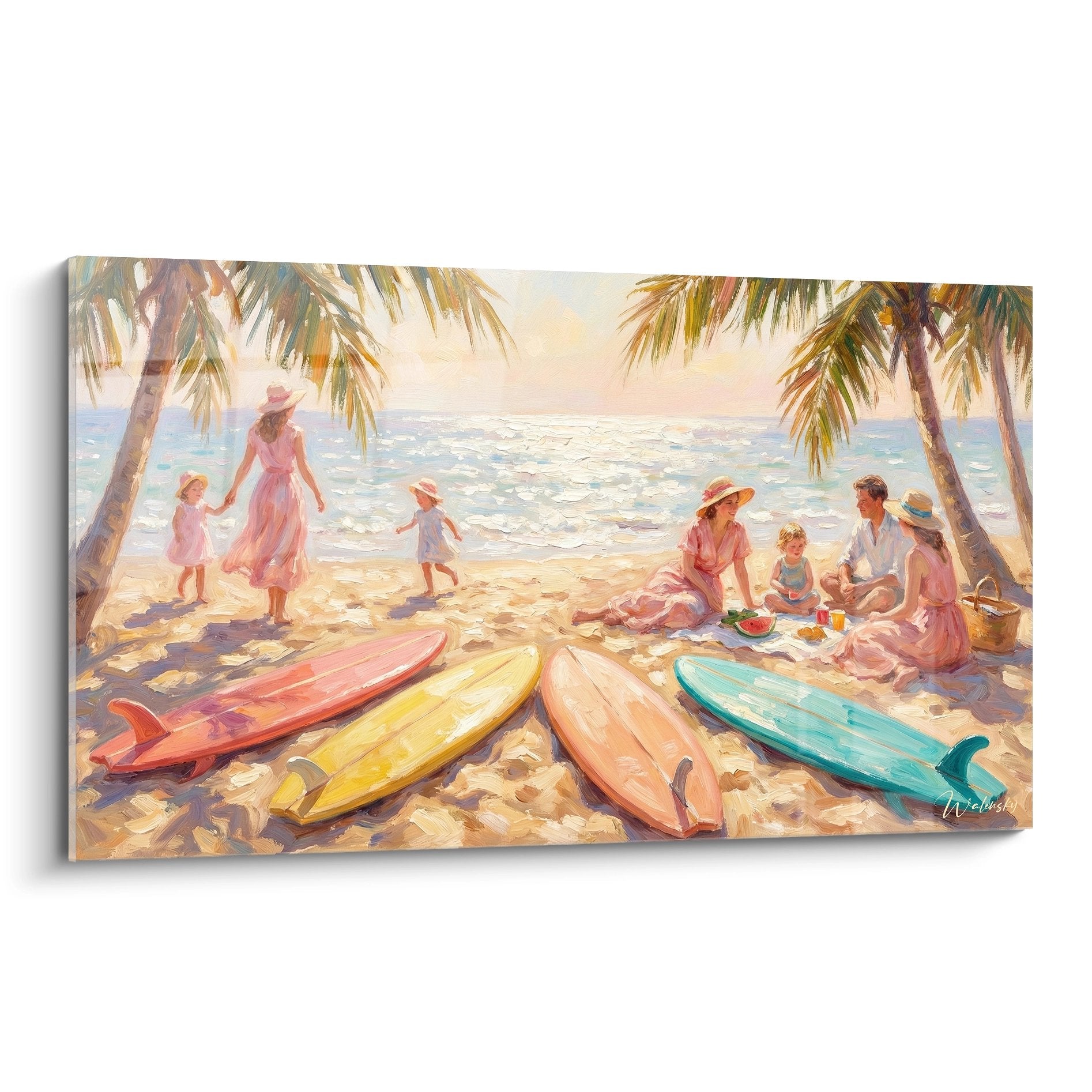 Tableau famille plage tropicale avec planches surf colorees palmiers ocean art mural decoration surf