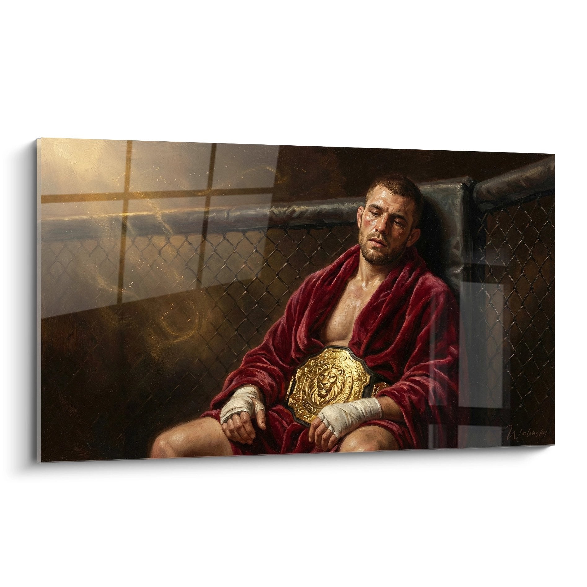 Tableau MMA champion combattant en robe rouge avec ceinture dorée assis dans octogone après victoire
