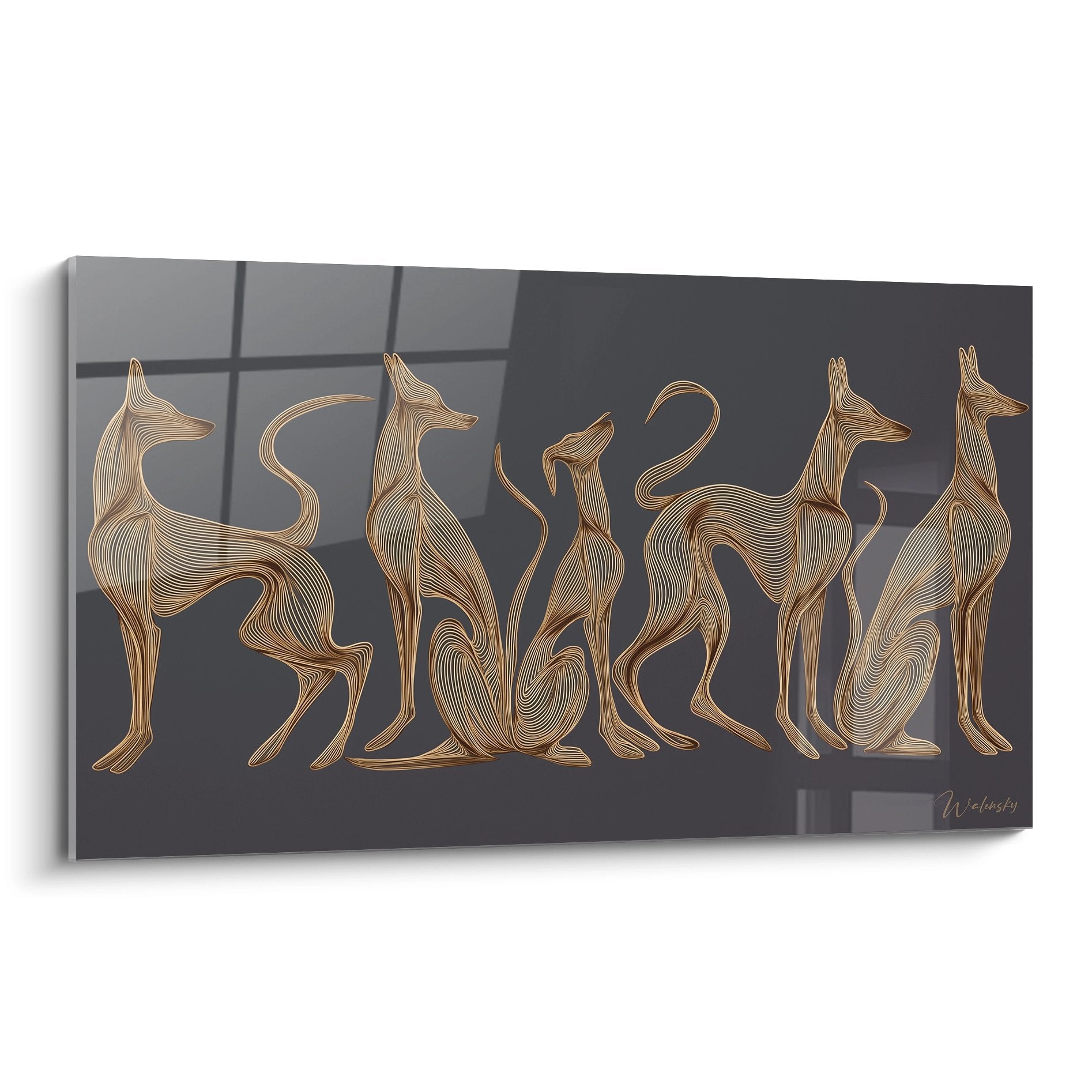 Tableau art déco avec six silhouettes de chiens stylisées en lignes dorées sur fond sombre