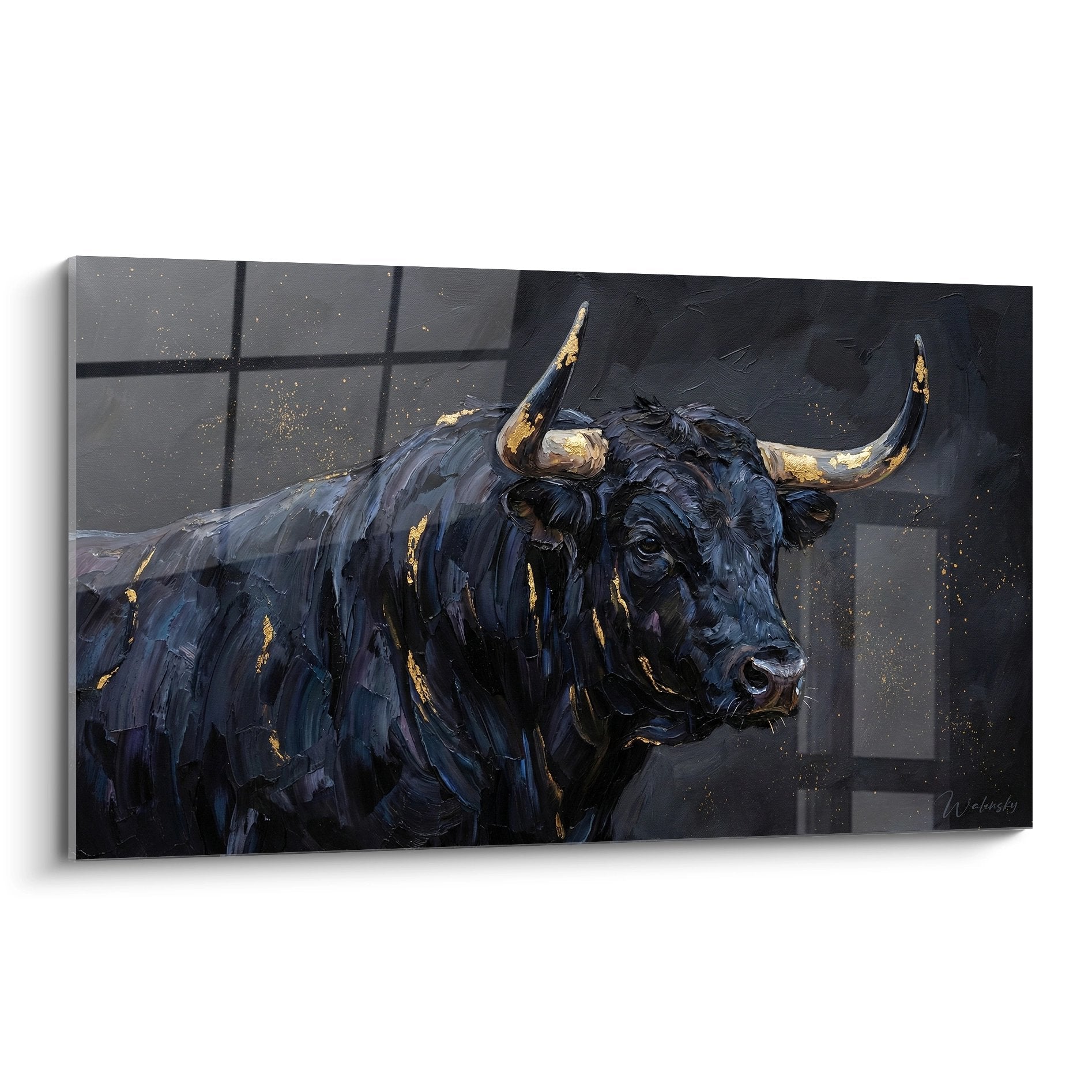 Tableau moderne representant un taureau de Camargue noir aux cornes dorees sur fond geometrique sombre