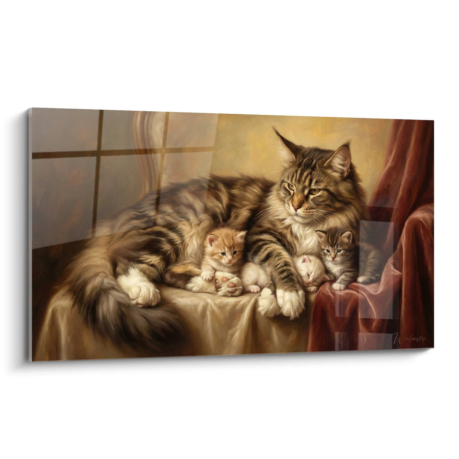 Tableau Chat Maine Coon avec chatons - Tendresse maternelle - Edition chat Maine Coon
