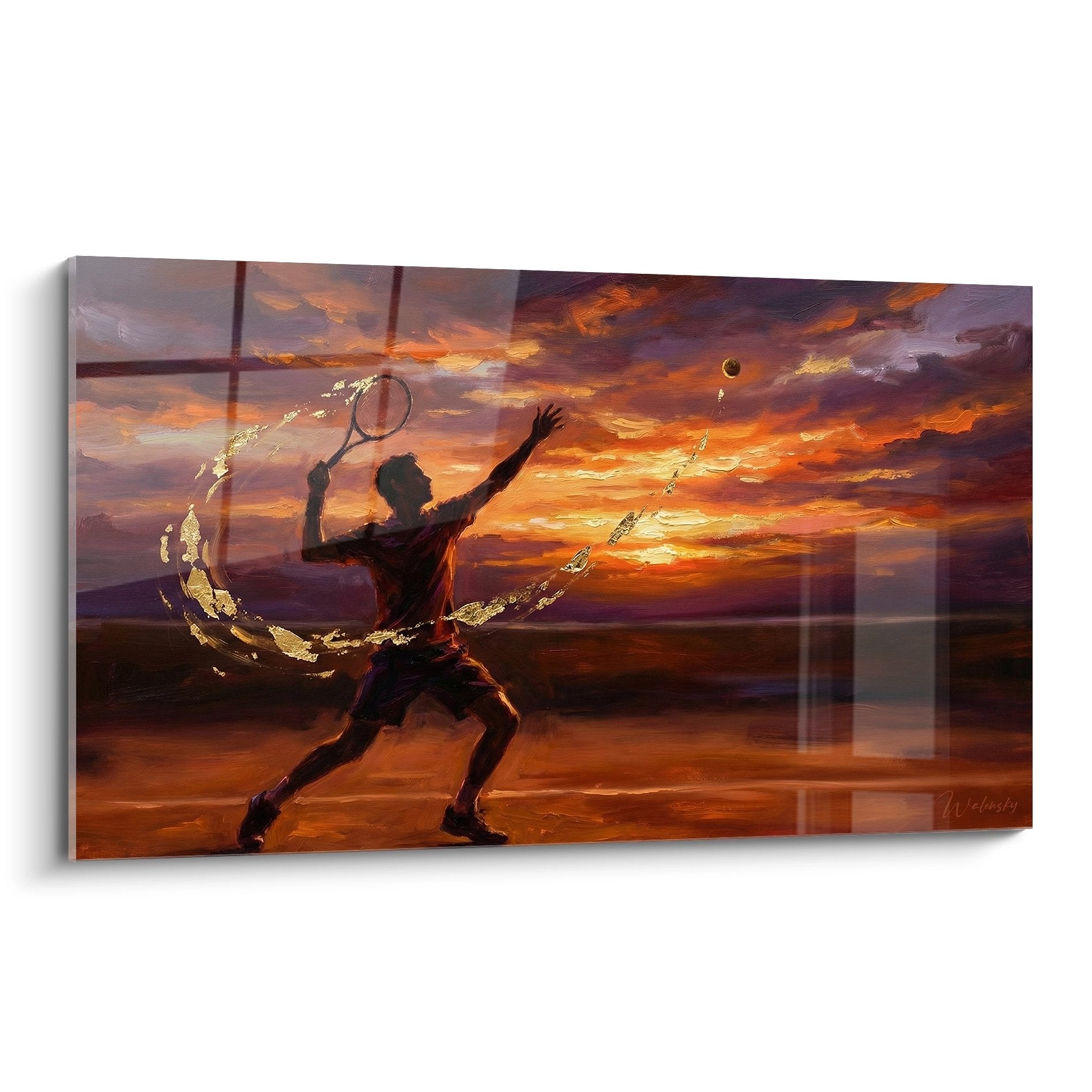 Tableau tennis artistique joueur silhouette coucher soleil orange decoration murale sport passion