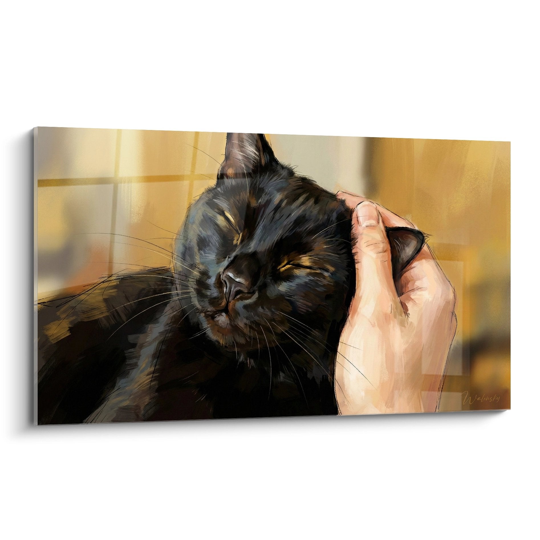 Tableau artistique chat noir aux yeux fermés recevant des caresses tendres sur fond doré chaleureux