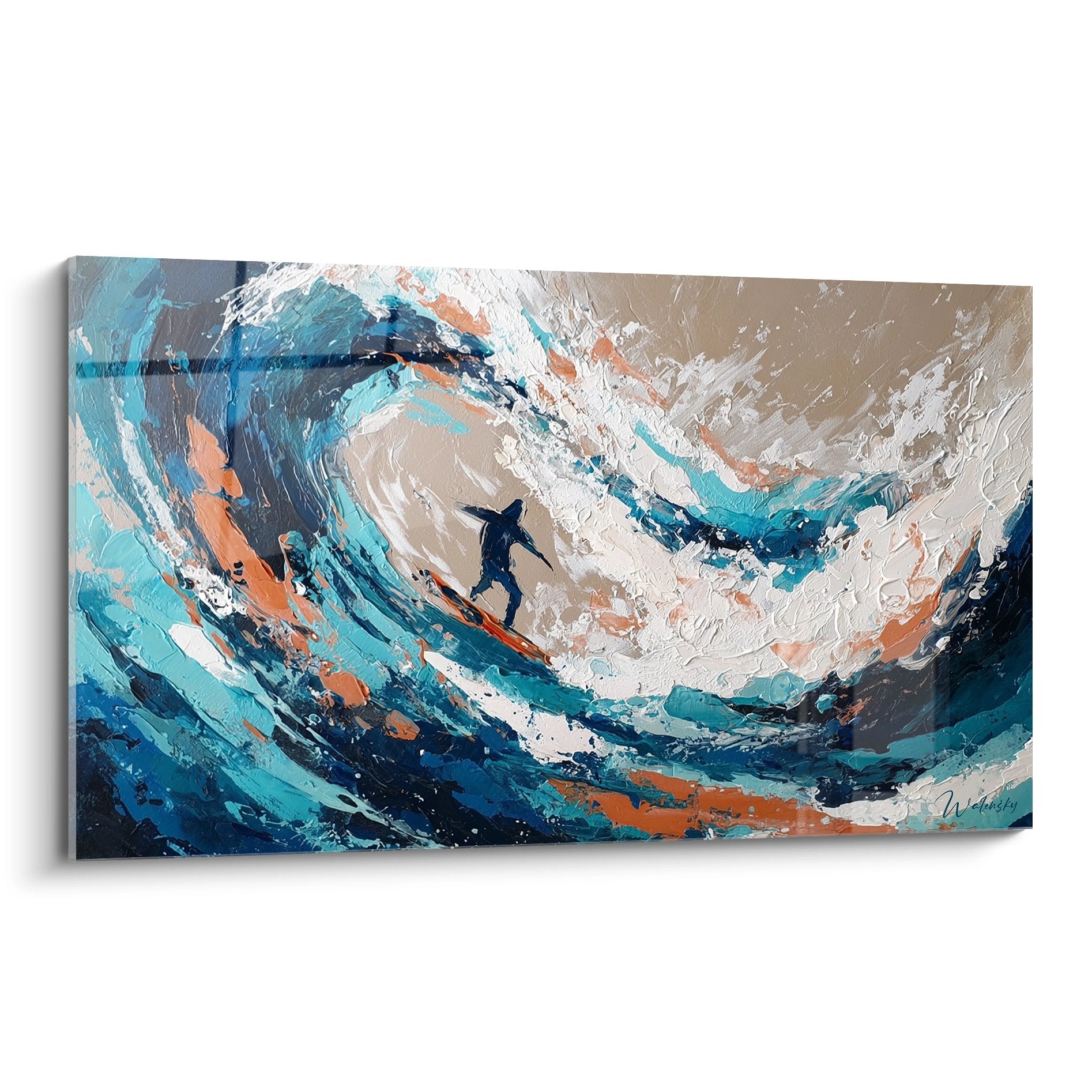 Tableau mural abstraite représentant un surfer sur une vague dynamique aux tons bleus et oranges - Edition Surf