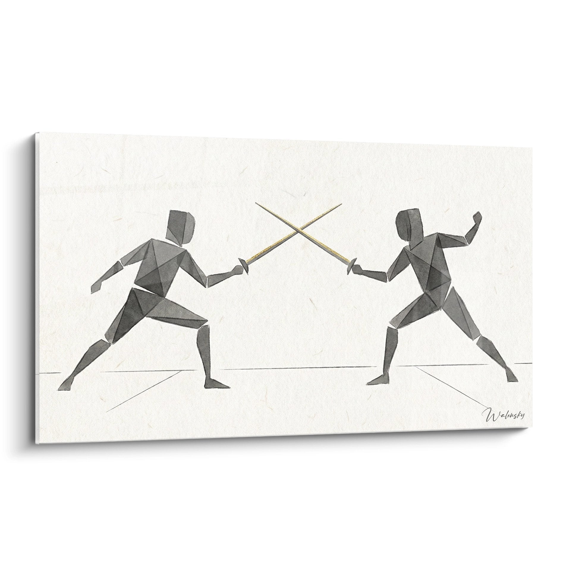 Tableau moderne représentant deux escrimeurs géométriques en duel avec épées croisées sur fond blanc minimaliste