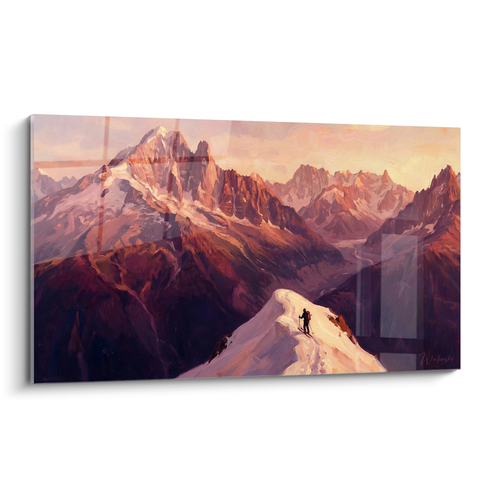 Tableau alpiniste sur crête enneigée contemplant sommets dorés au coucher soleil - art montagne ski