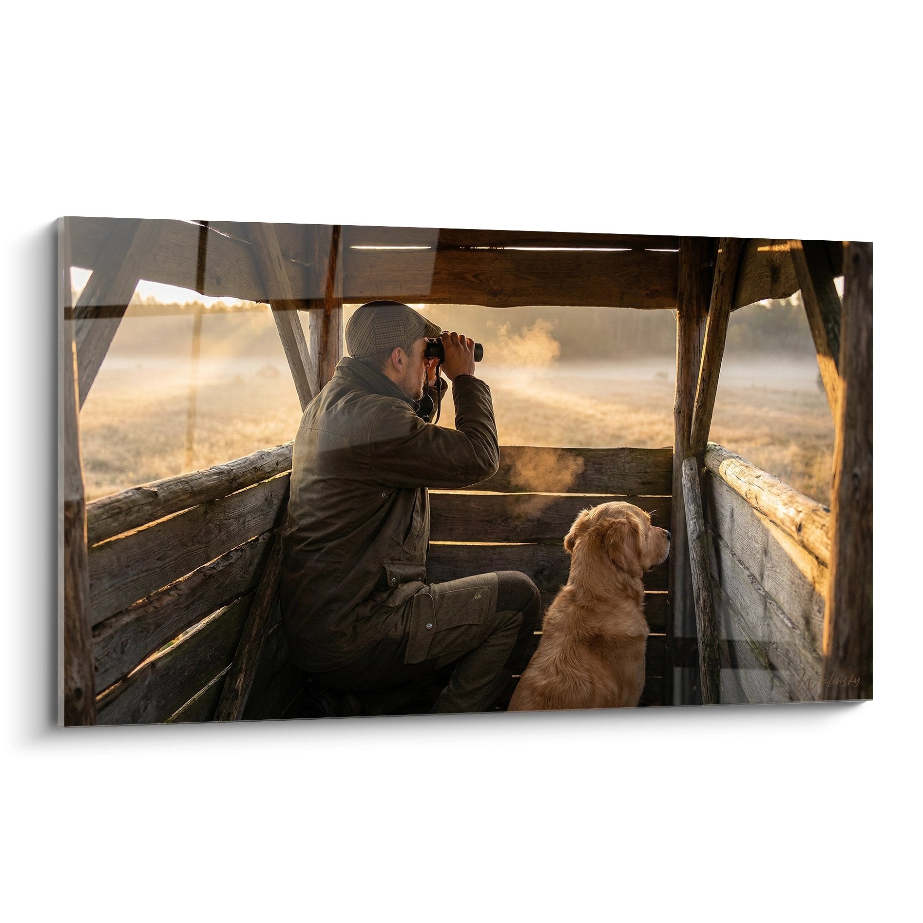 Tableau chasseur avec jumelles dans mirador bois accompagné chien retriever lumière dorée matinale brume champs