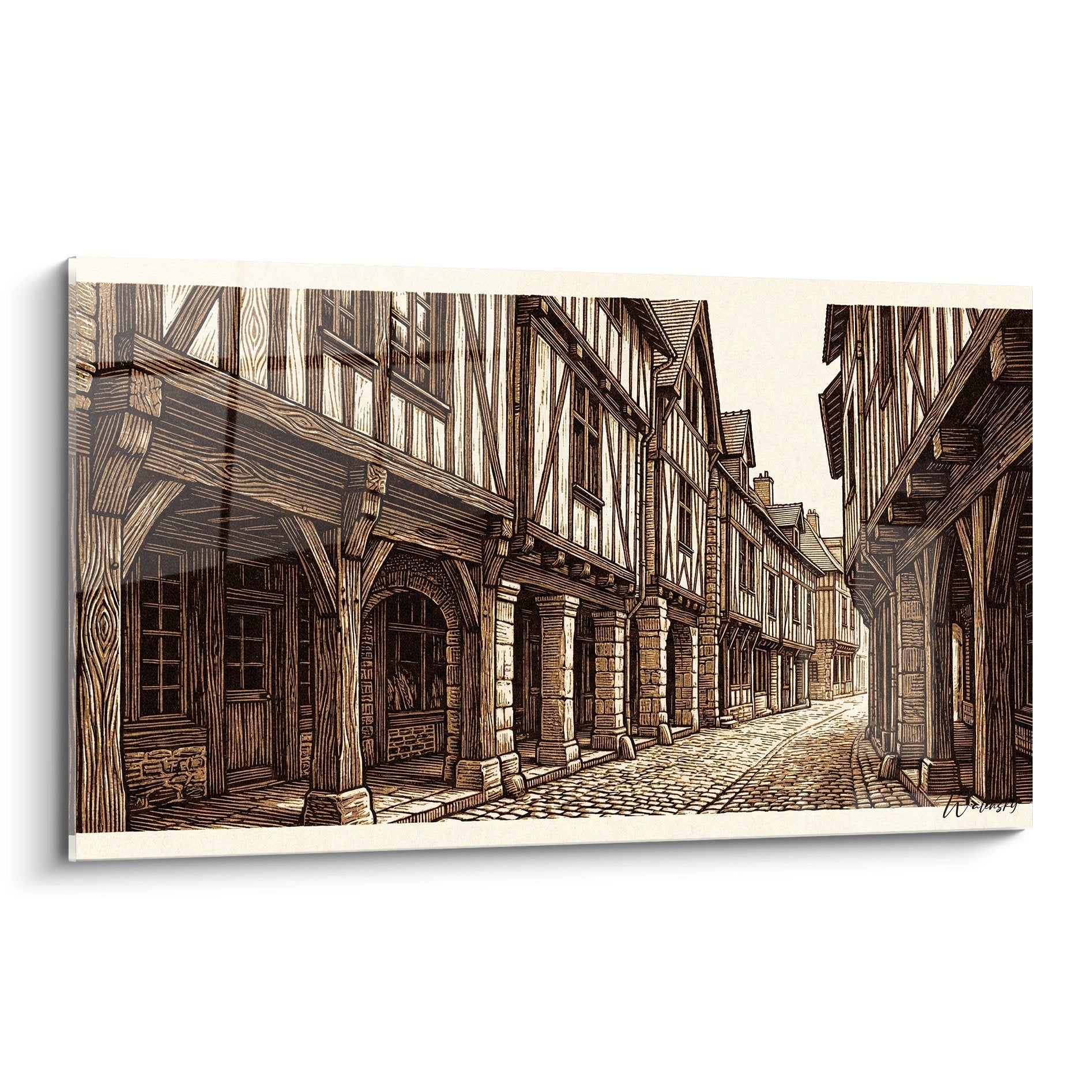 Tableau mural représentant une rue pavée médiévale avec maisons à colombages bretonnes en tons sépia