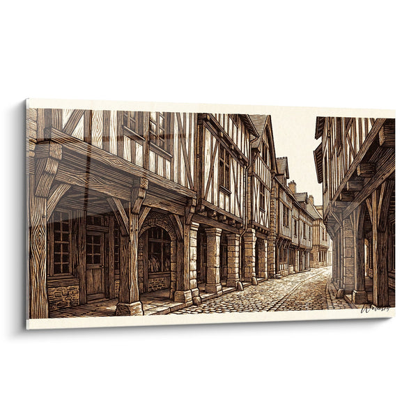 Schilderij Middeleeuwse Architectuur - Geplaveid Pad met Vakwerkhuizen - Editie Bretagne