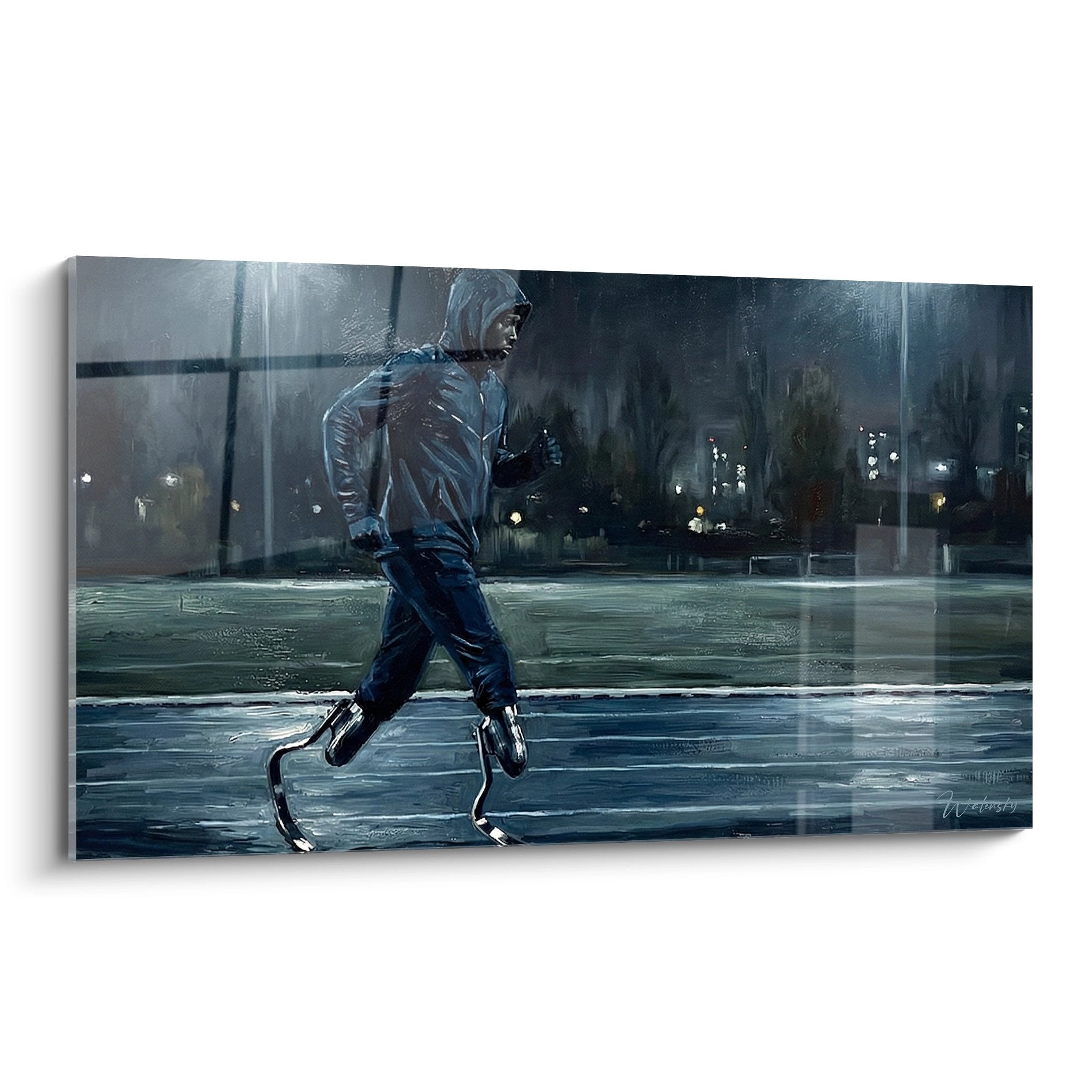 Tableau d'un athlète paralympique avec prothèses courant sous la pluie dans une rue urbaine éclairée