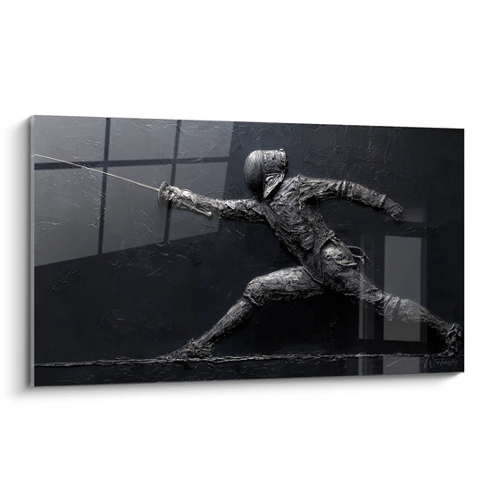 Tableau moderne escrimeur en action fente parfaite epee tendue art contemporain noir blanc decoration murale