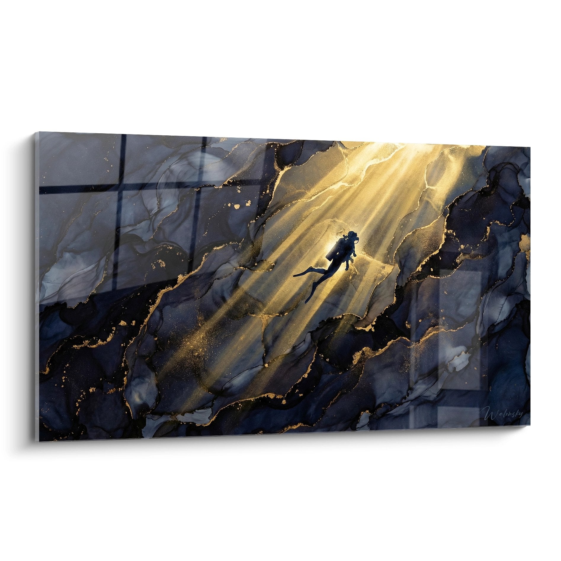 Tableau artistique montrant un plongeur dans des rayons dores abstraits aux tons bleus et or