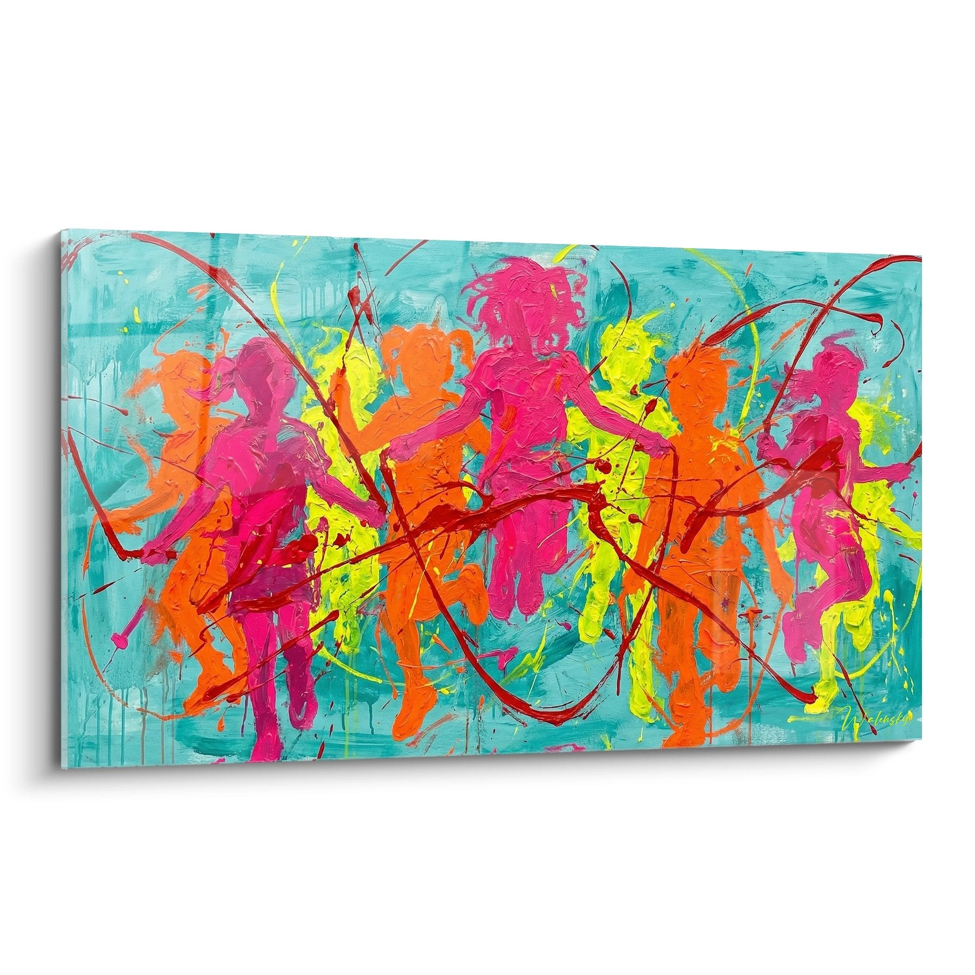Tableau art abstrait aux couleurs vives rose orange jaune sur fond turquoise avec lignes rouges dynamiques