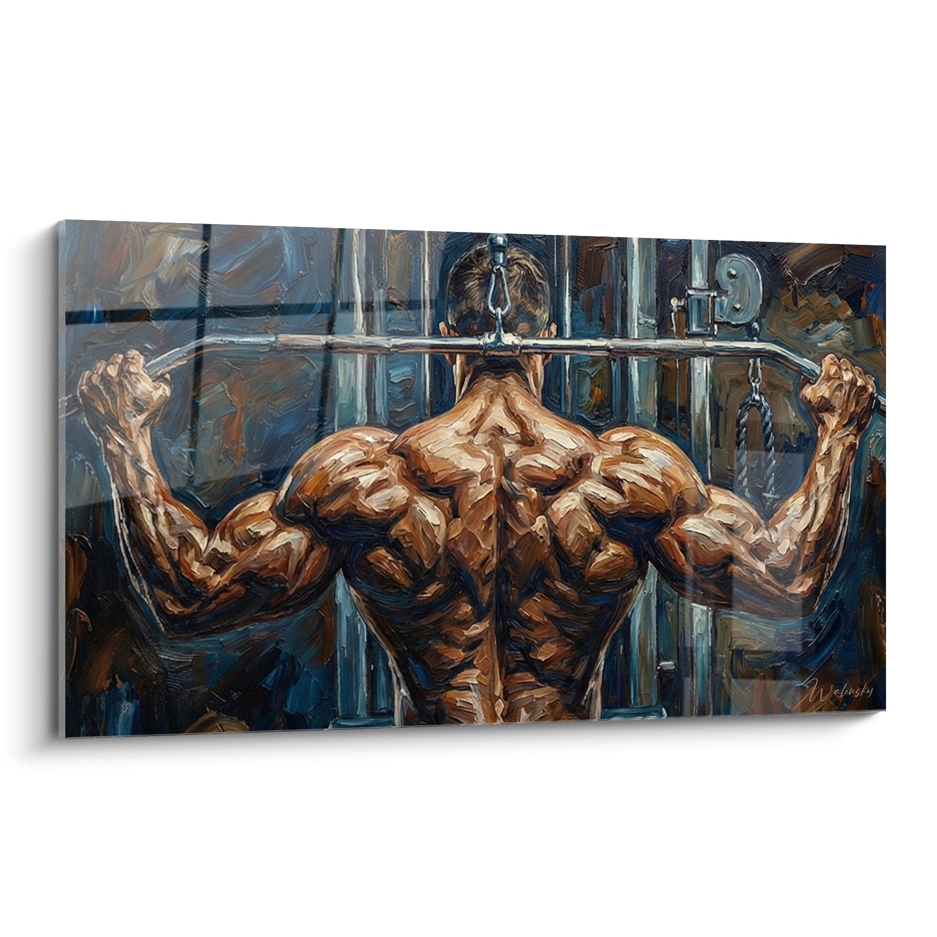 Tableau artistique représentant un bodybuilder musclé s'entraînant aux tractions dans une salle de sport