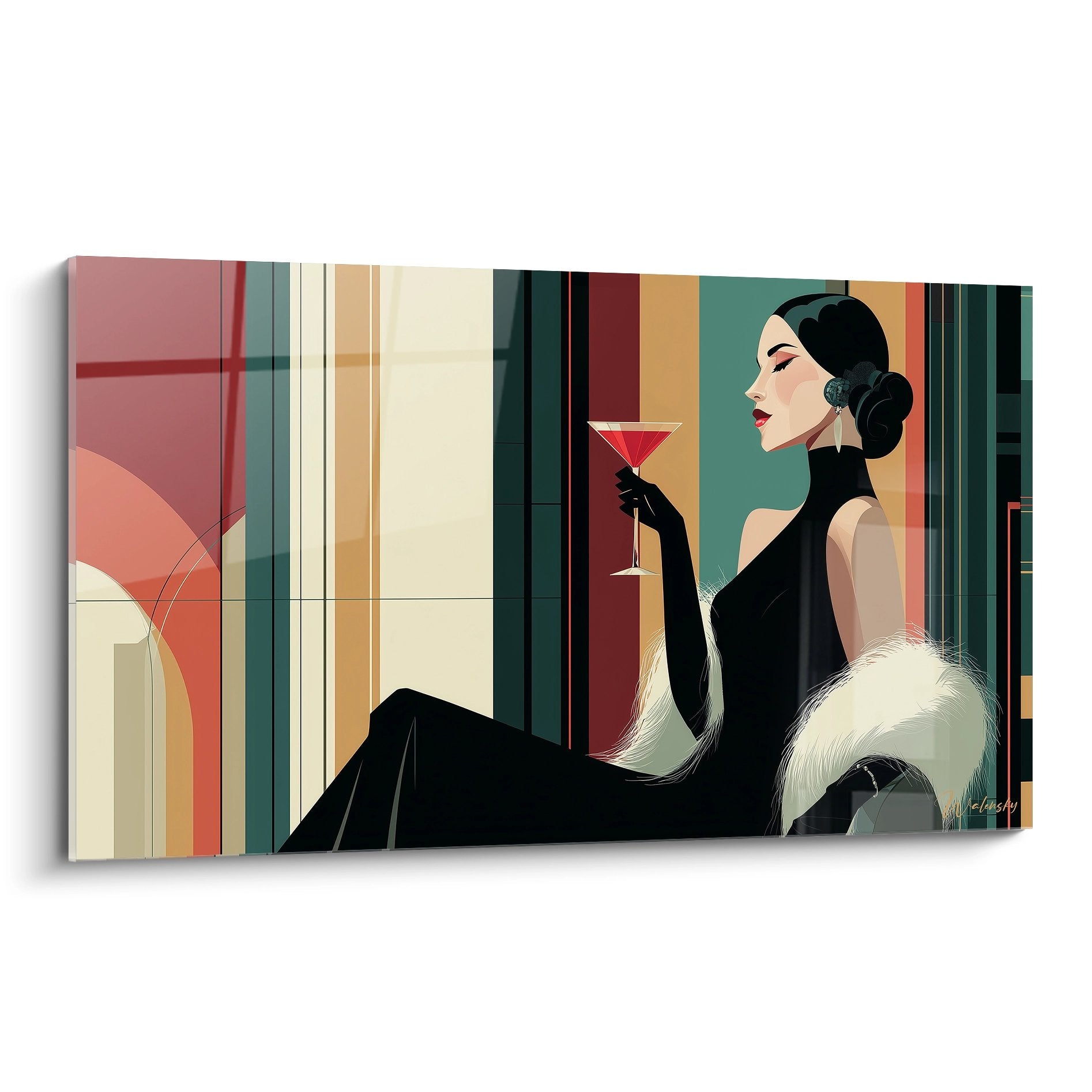 Tableau art deco femme elegante cocktail rouge style vintage annees 20 decoration murale moderne