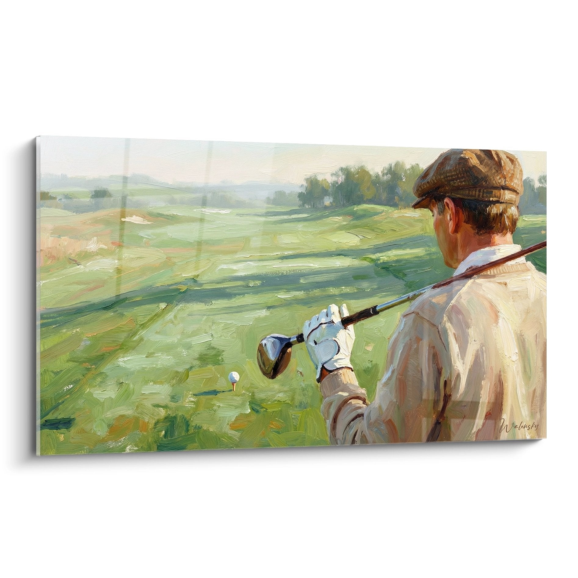 Tableau golf vintage montrant golfeur elegant en swing sur parcours verdoyant - art mural golf classique