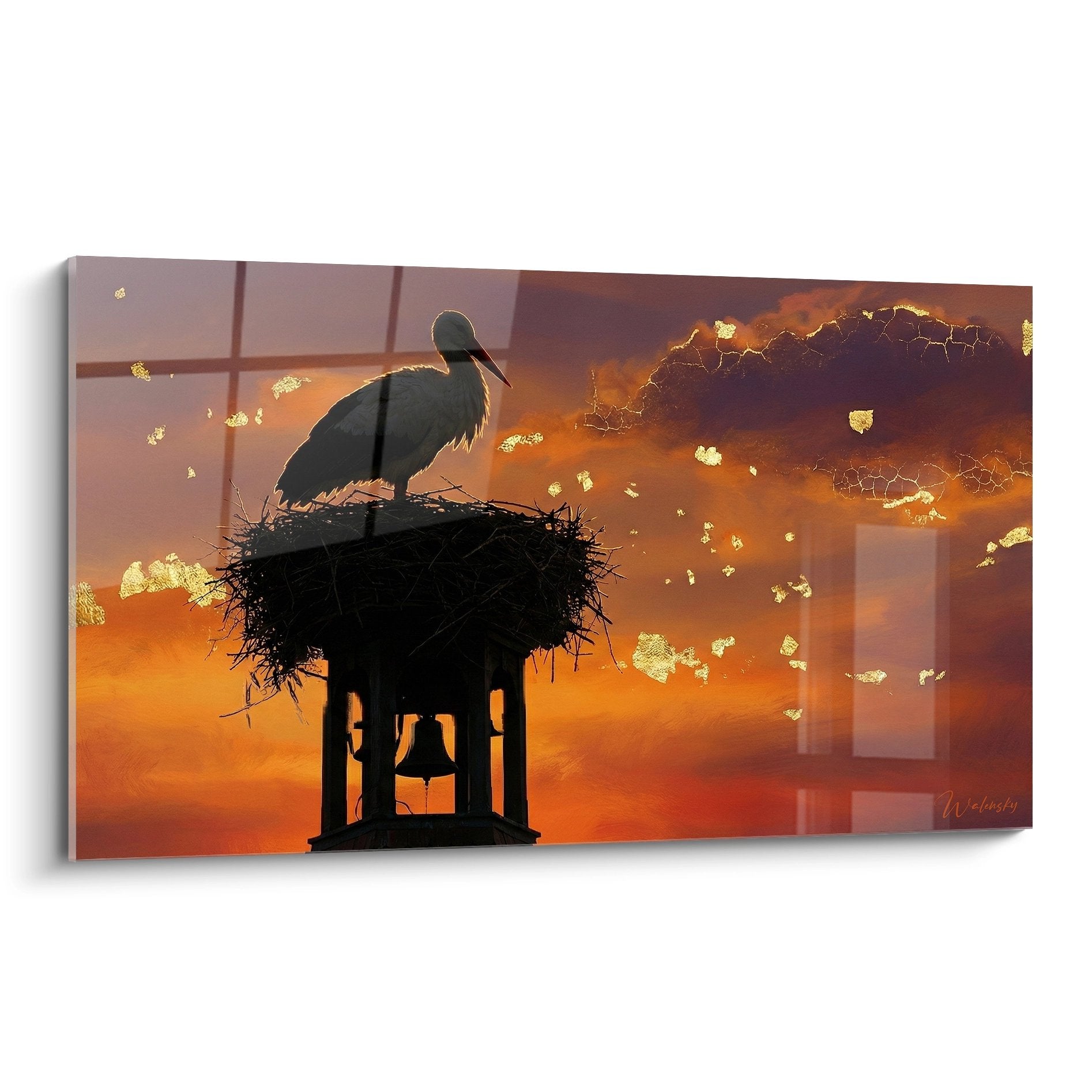 Tableau cigogne sur nid au coucher soleil, campanile avec ciel orange doré, art mural décoratif Edition Cigogne