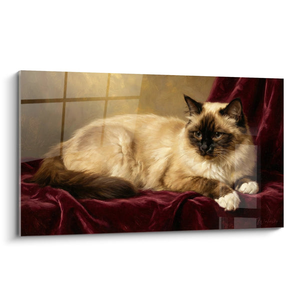 Birman Cat Painting on Red Velvet - Feline Elegance - Birman Cat Edition