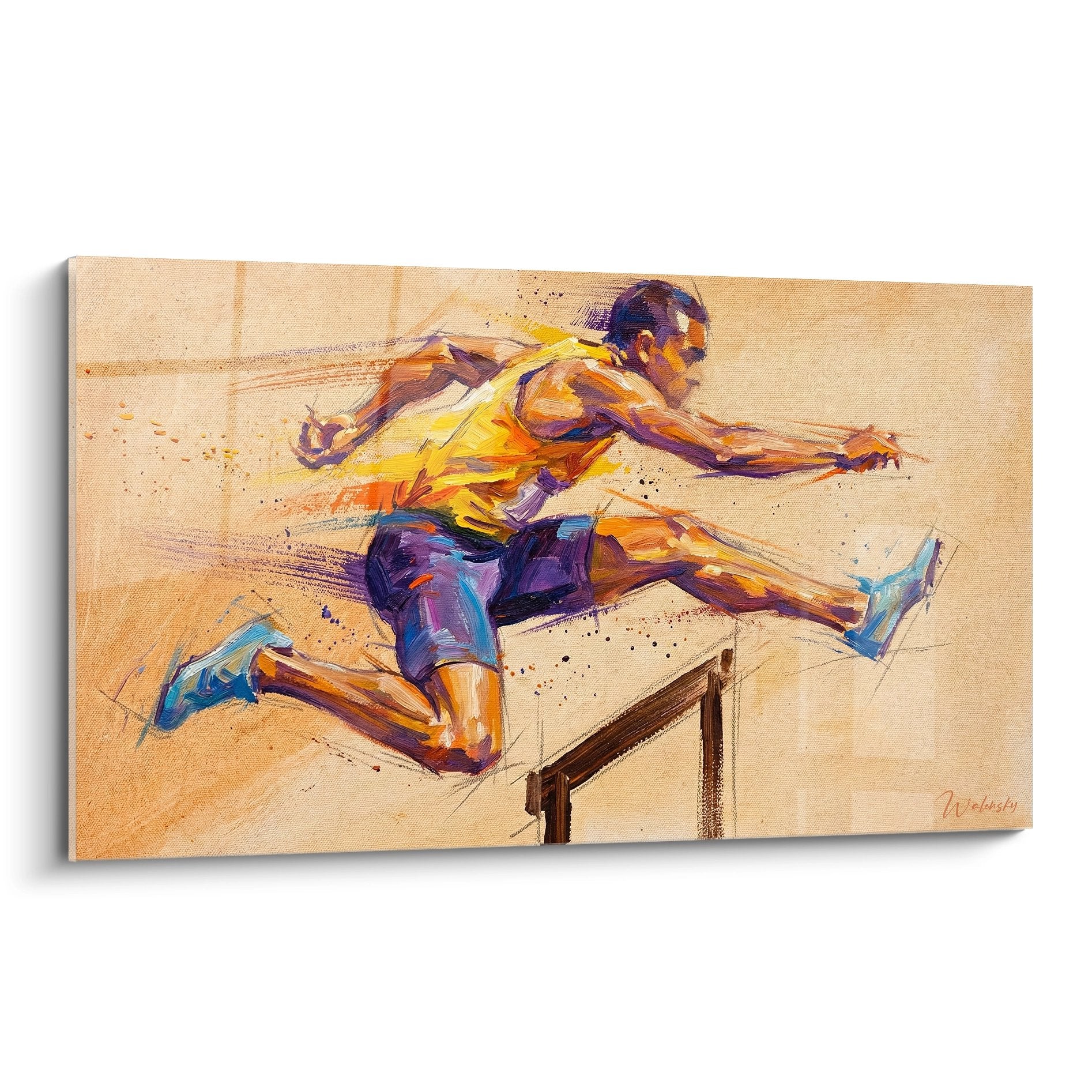Tableau moderne representant un athlete franchissant une haie en plein elan avec des couleurs vives et expressives