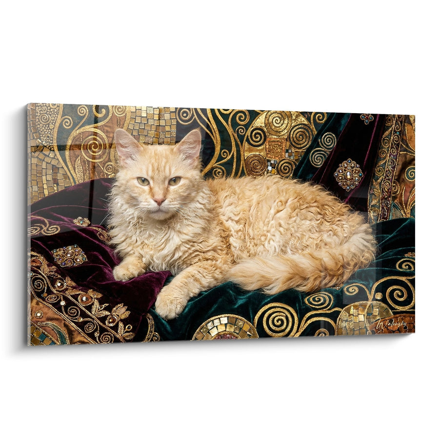 Tableau Chat LaPerm Doré sur Tissus Précieux - Élégance Orientale - Edition chat Laperm