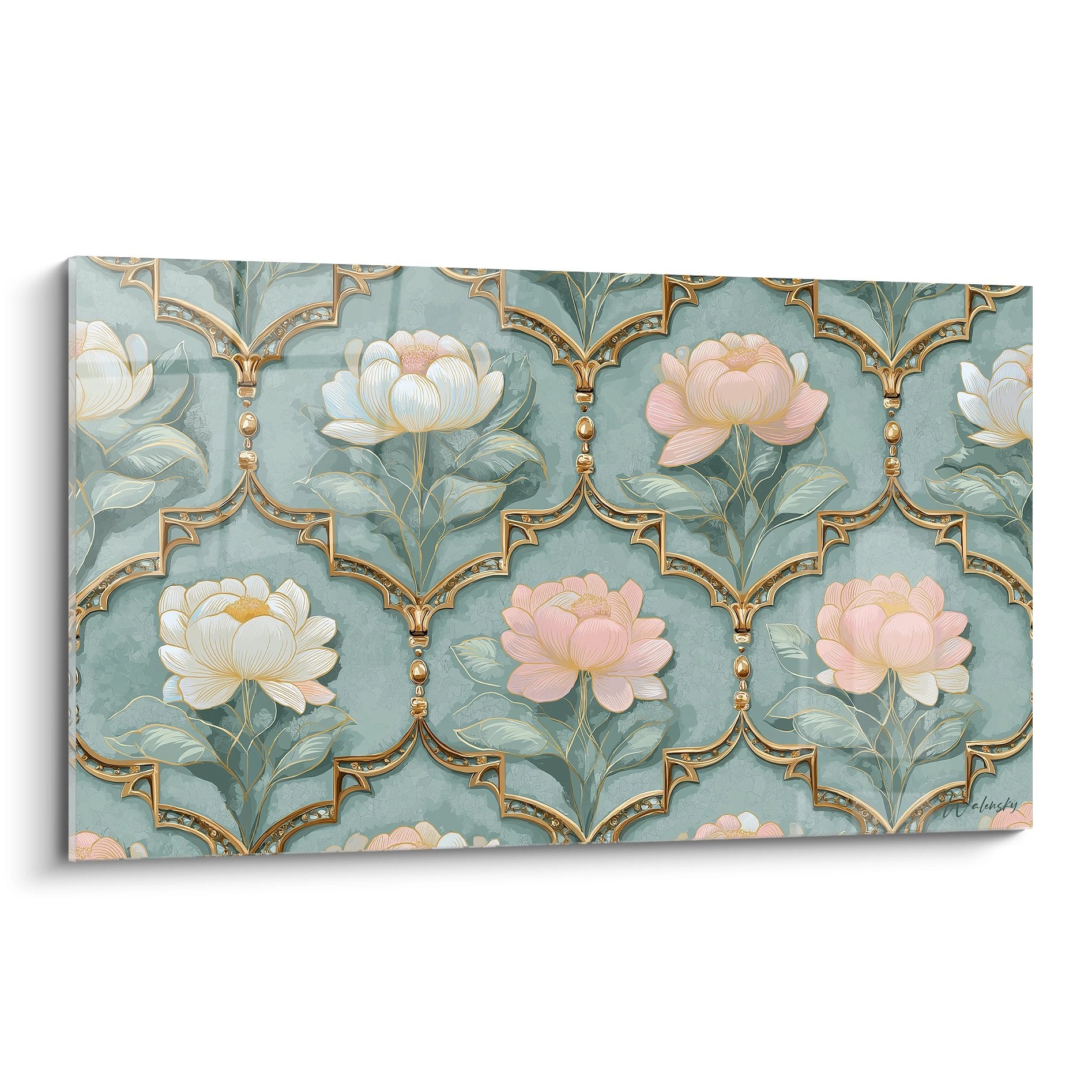 Tableau art déco motifs lotus dorés sur fond jade avec arabesques géométriques et fleurs stylisées vintage