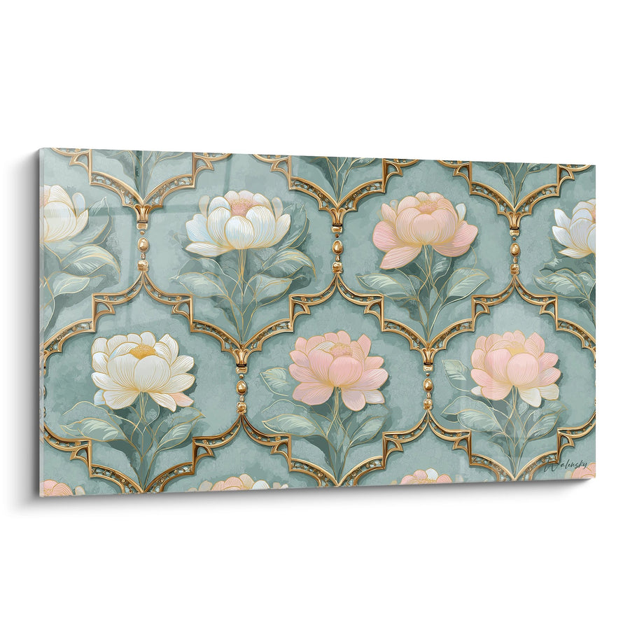 Tableau Motifs Floraux Art Déco - Lotus Dorés et Arabesques - Edition Art déco