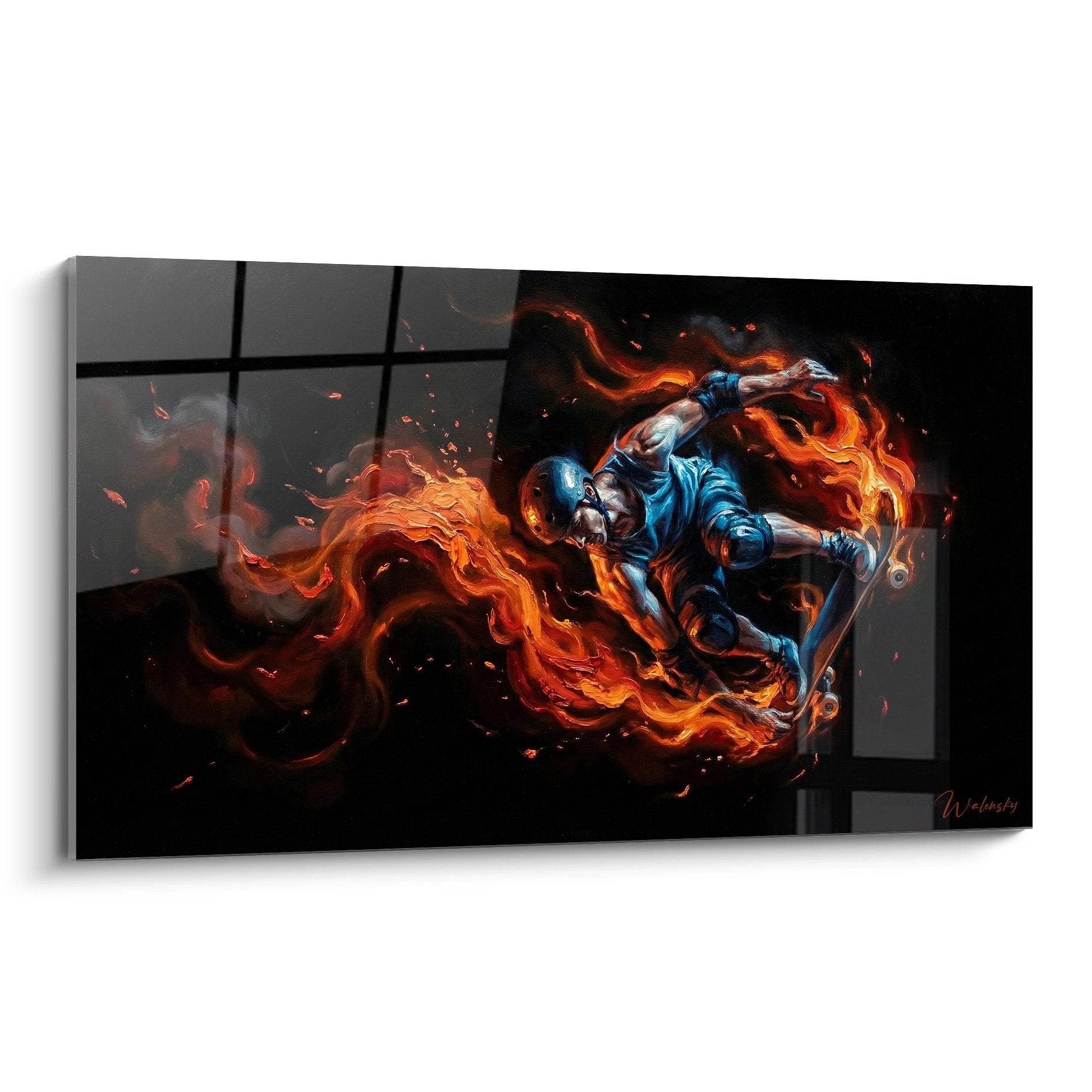 Tableau skateur entouré de flammes orange et rouge en mouvement sur fond noir, art skateboard moderne