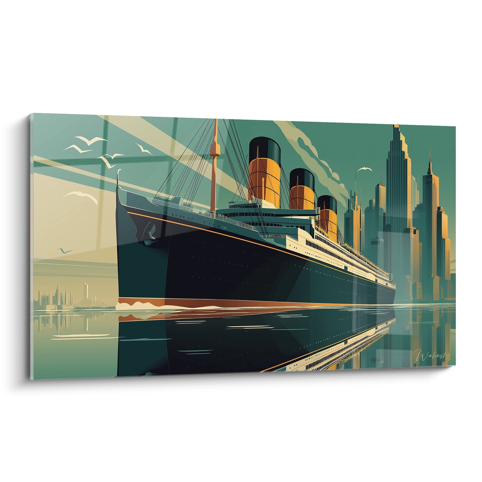 Tableau art déco représentant un paquebot aux cheminées colorées naviguant vers une ville moderne