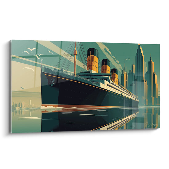Tableau art déco représentant un paquebot aux cheminées colorées naviguant vers une ville moderne