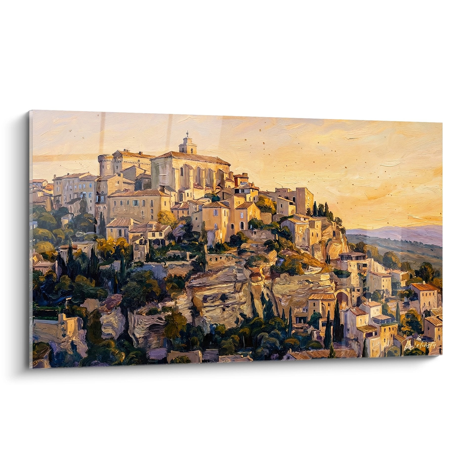 Tableau village perché provençal baigné lumière dorée coucher soleil avec église clocher architecture pierre