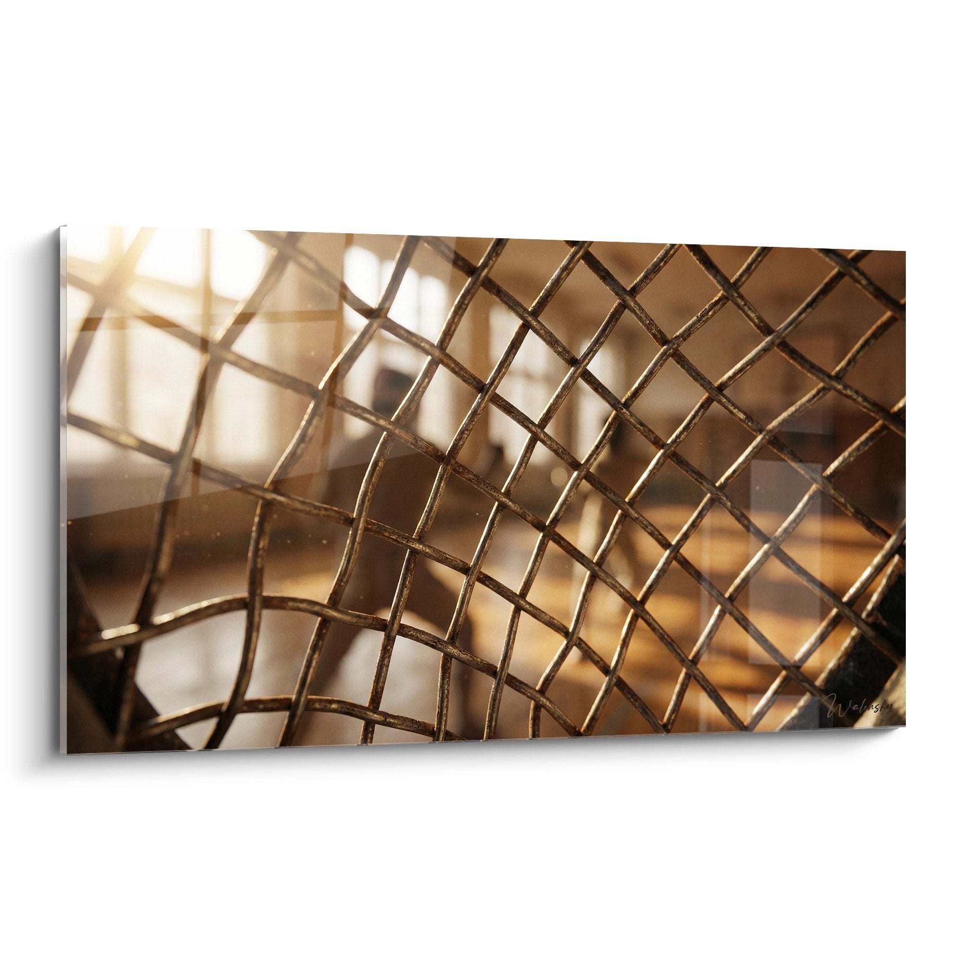 Tableau abstrait grille dorée géométrique avec reflets bronze et jeu de lumière moderne