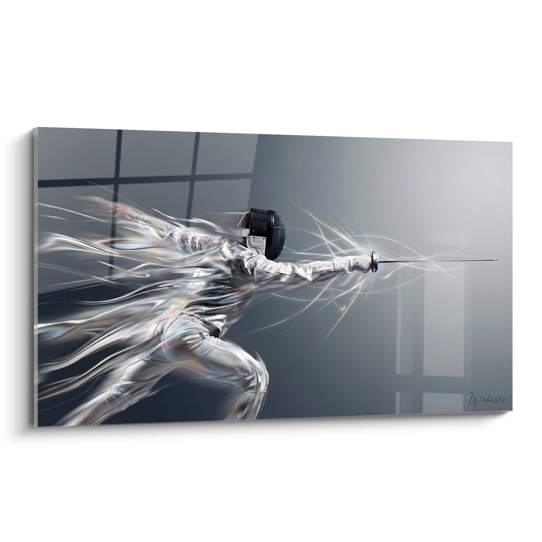 Tableau moderne d'escrimeur en mouvement avec effets de flou artistique et trainées lumineuses sur fond gris