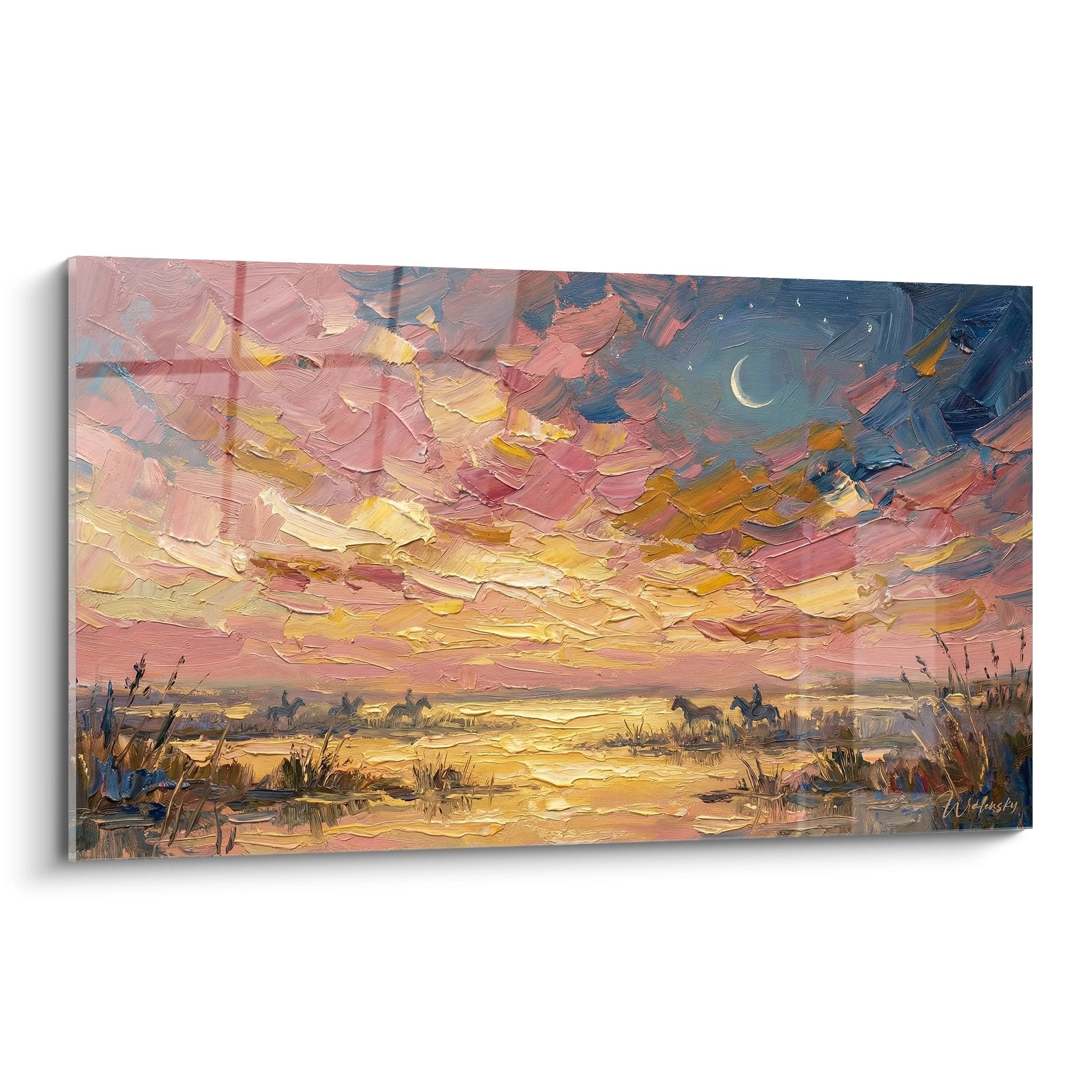 Tableau paysage Camargue au crepuscule avec chevaux sauvages, peinture a l'huile style impressionniste tons roses oranges