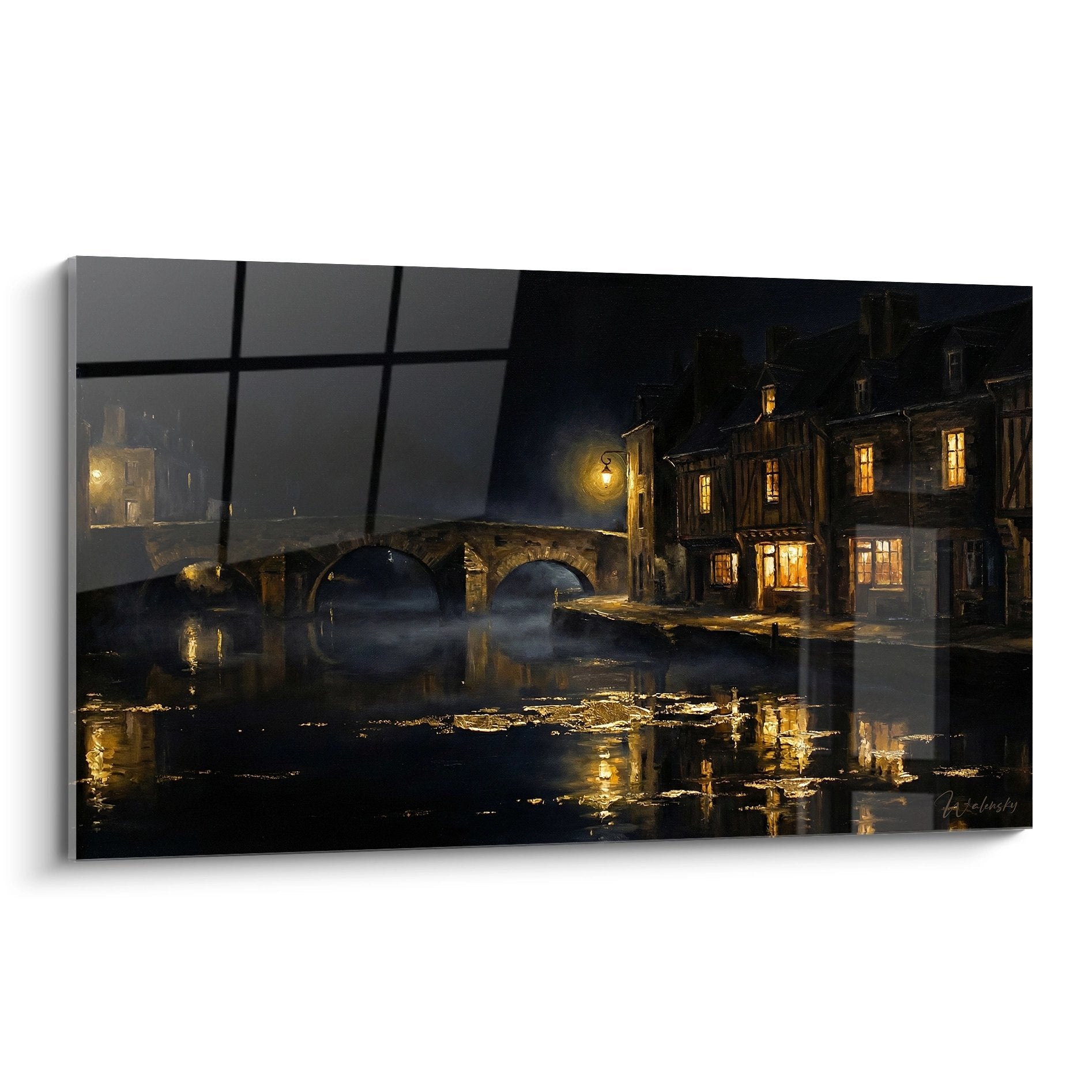 Tableau village breton nocturne avec maisons illuminées et reflets dorés sur l'eau, pont en pierre