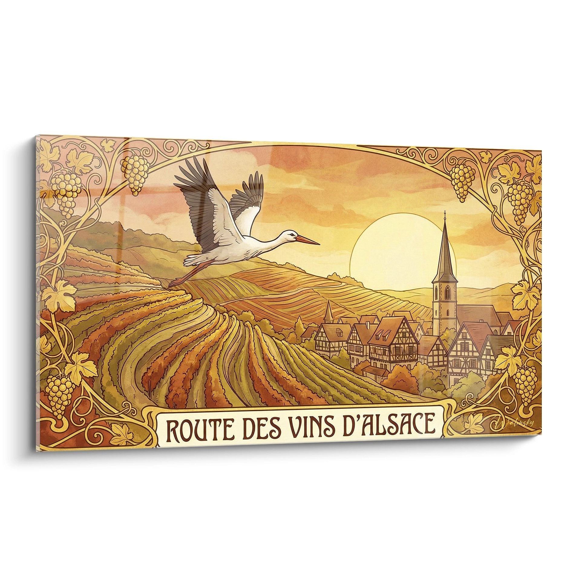 Tableau mural Route des Vins d'Alsace avec cigogne volant au-dessus des vignobles et village traditionnel