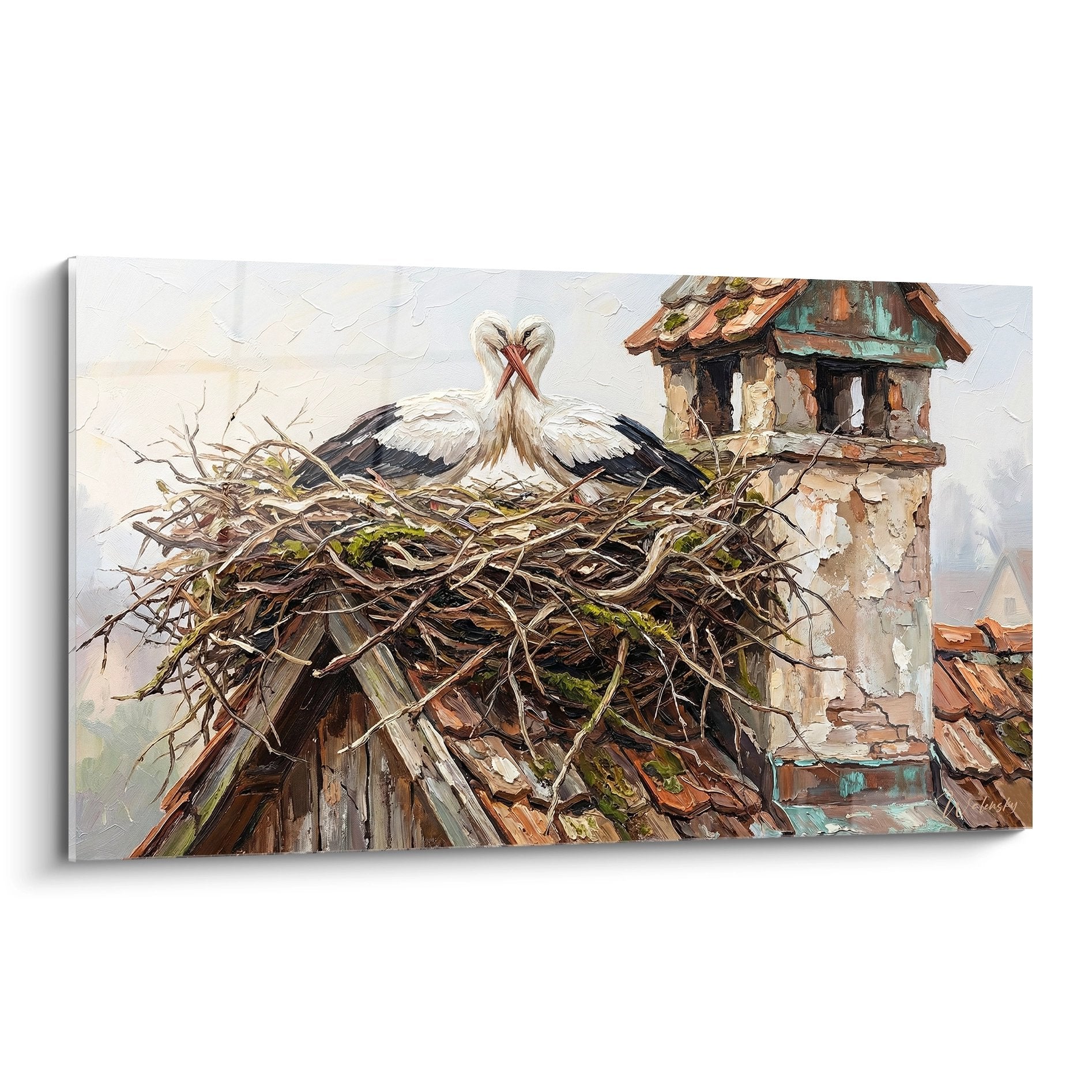 Tableau representant couple de cigognes dans grand nid de branchages sur cheminee de village rustique