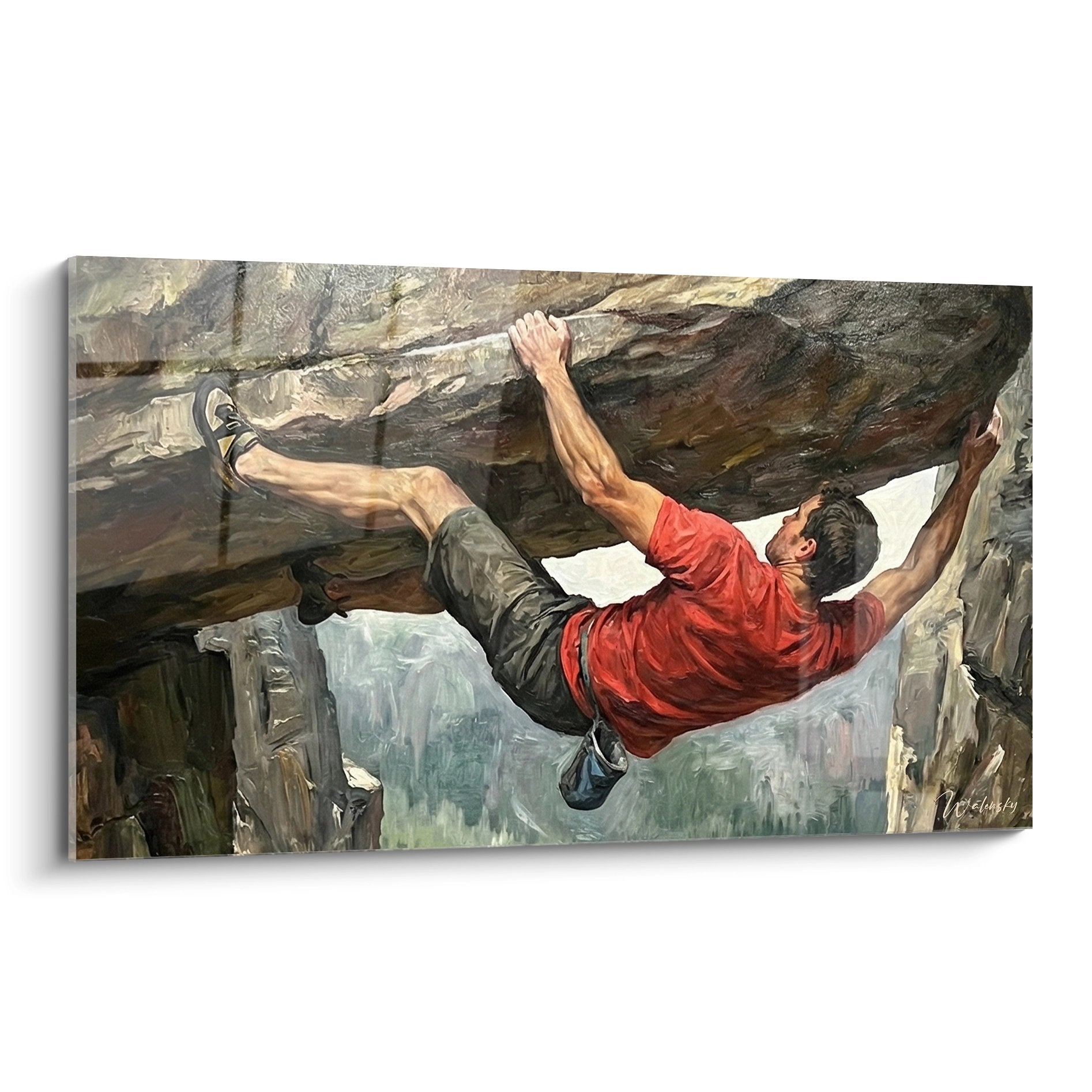 Tableau peinture grimpeur escalade falaise rouge action sport extreme art mural decoration