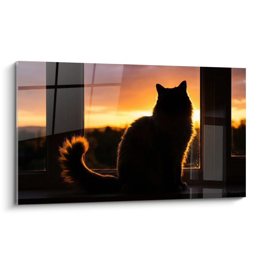 Tableau Chat Silhouette Coucher de Soleil - Contemplation Dorée - Edition chat Birman