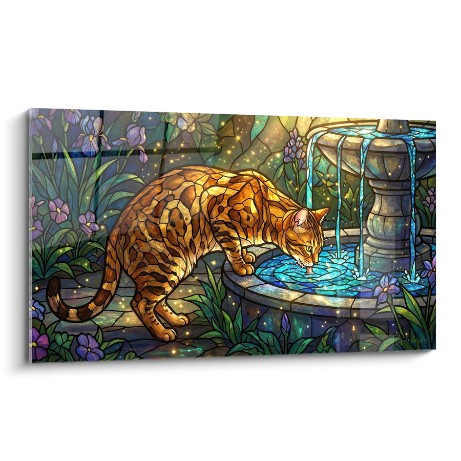 Tableau Chat Bengal Fontaine Enchantée - Art Vitrail Féerique - Edition chat Bengal