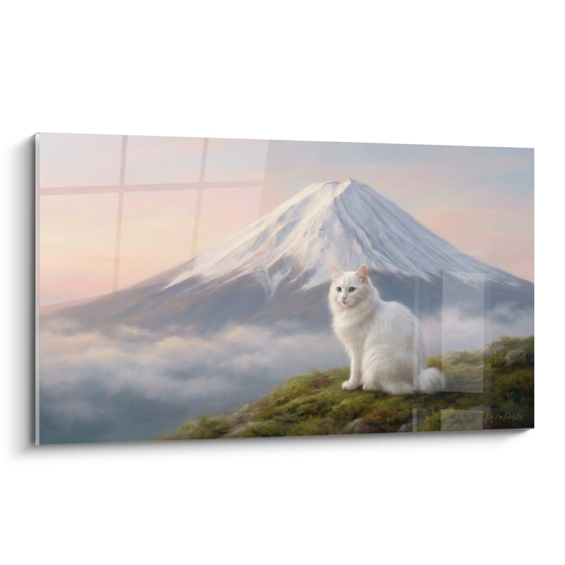 White Cat Facing Mount Fuji Painting - Japanese Serenity - Japanese Bobtail Cat Edition