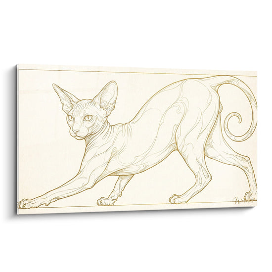 Cuadro Gato Sphynx en Movimiento - Esquema Dorado Minimalista - Edición gato Peterbald