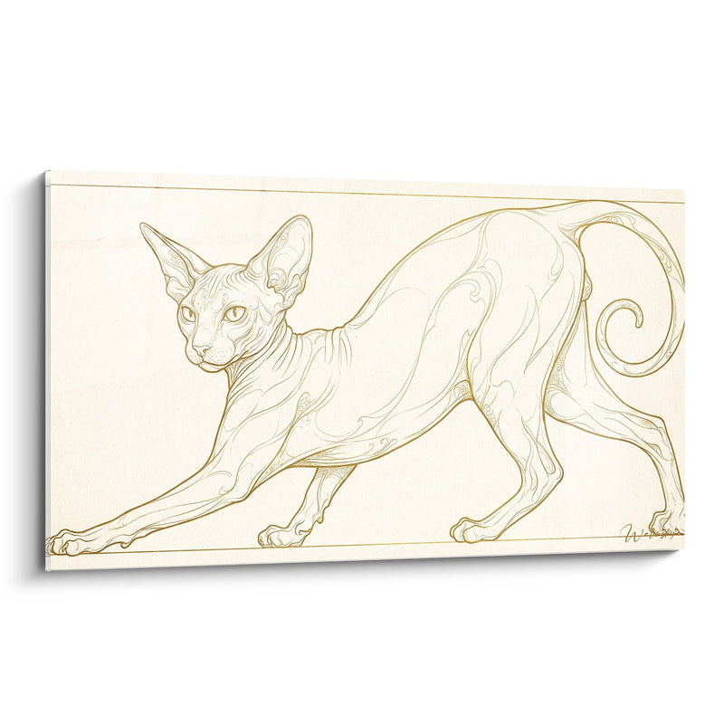 Sphynx-Katze in Bewegung - Goldene minimalistische Skizze - Peterbald-Edition